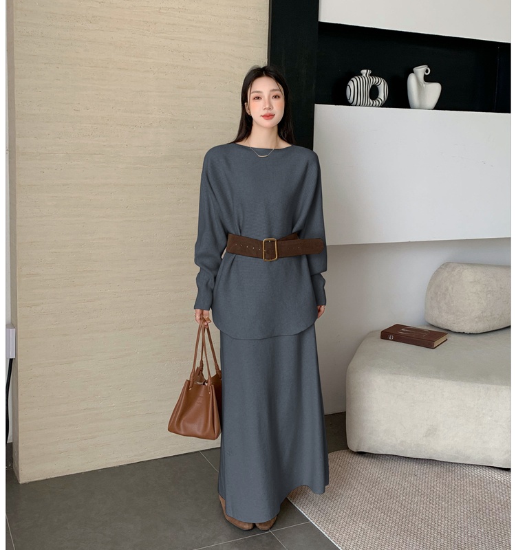 Pullover long skirt round neck sweater 2pcs set