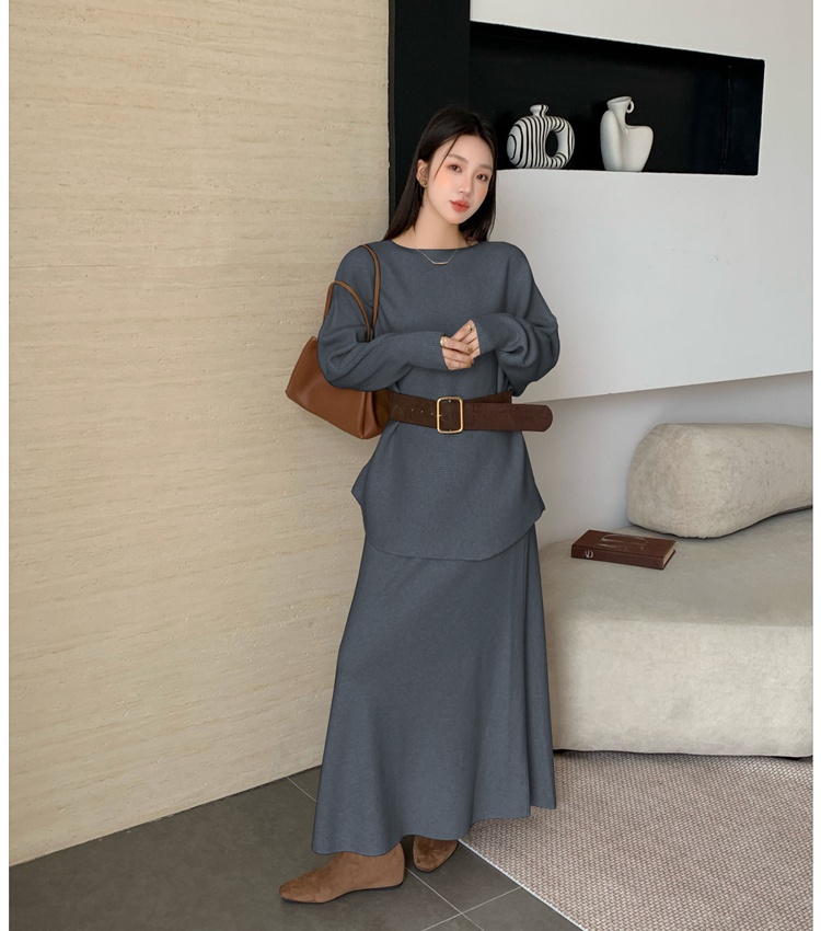 Pullover long skirt round neck sweater 2pcs set