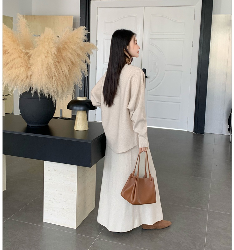 Pullover long skirt round neck sweater 2pcs set