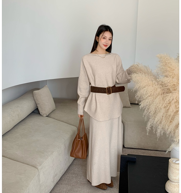 Pullover long skirt round neck sweater 2pcs set