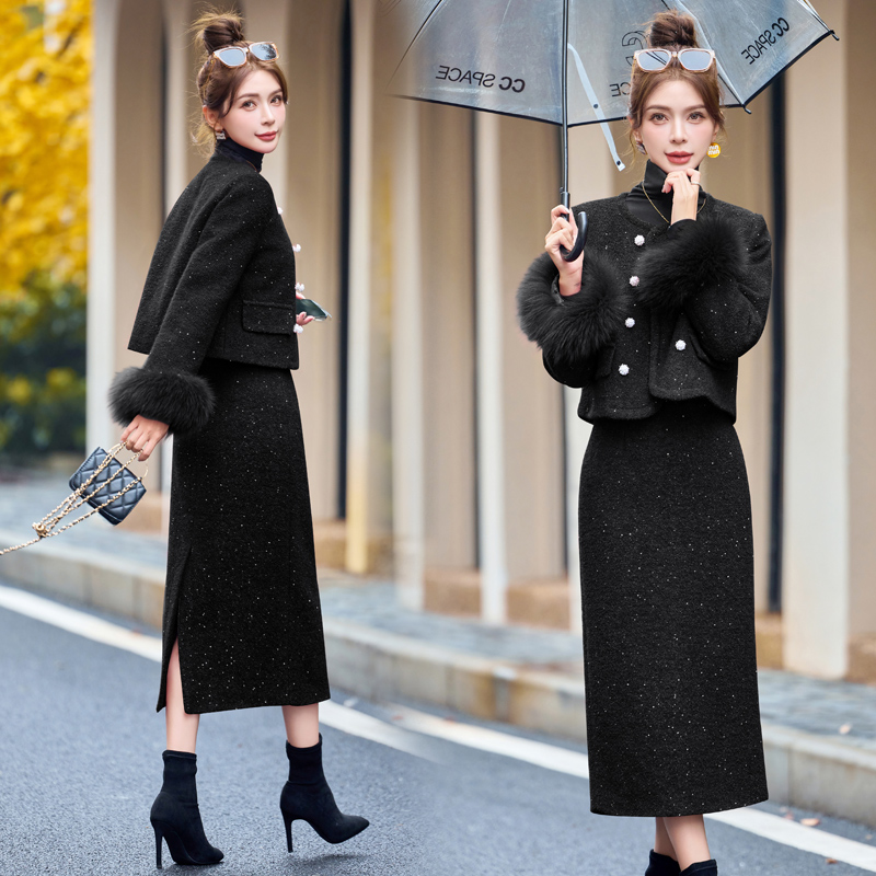 Chanelstyle down coat winter skirt 2pcs set for women