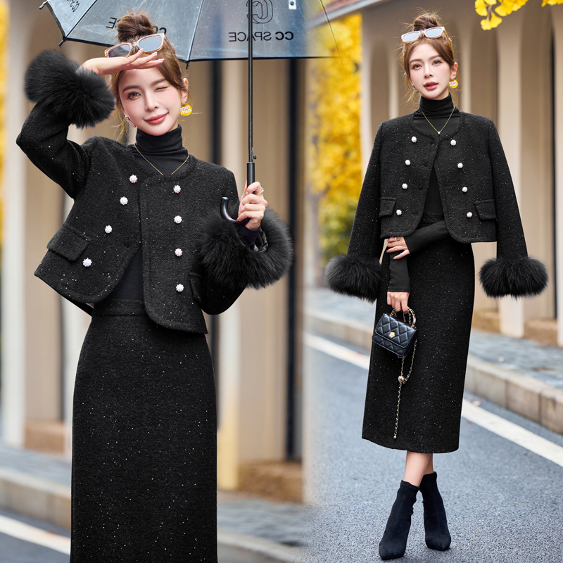 Chanelstyle down coat winter skirt 2pcs set for women