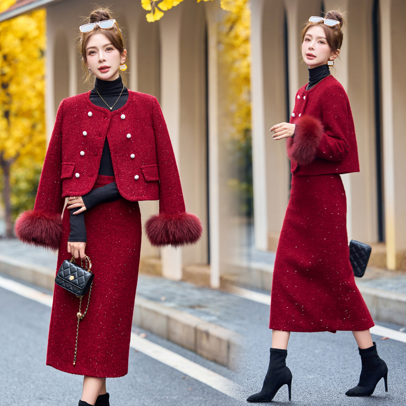 Chanelstyle down coat winter skirt 2pcs set for women