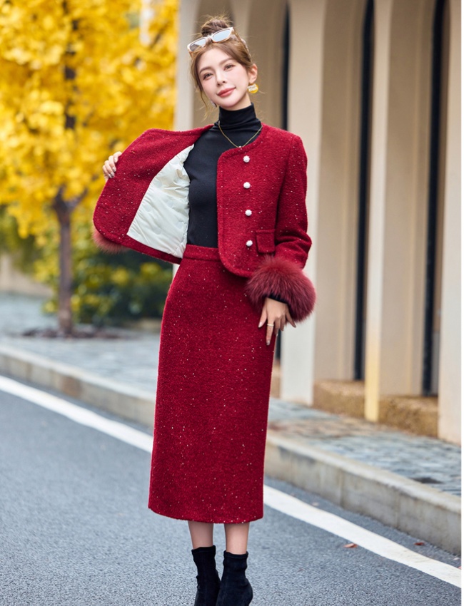 Chanelstyle down coat winter skirt 2pcs set for women