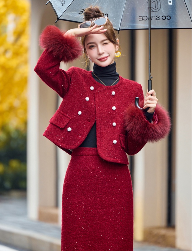Chanelstyle down coat winter skirt 2pcs set for women