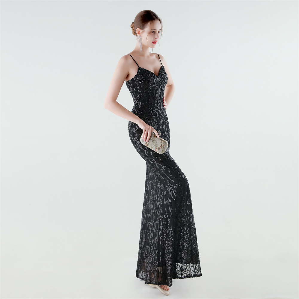 Set beads pinched waist sequins evening dress