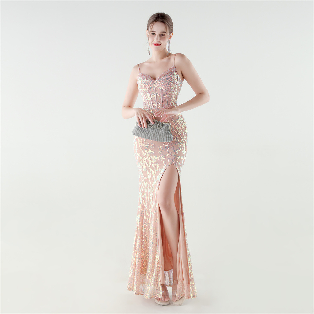 Set beads pinched waist sequins evening dress