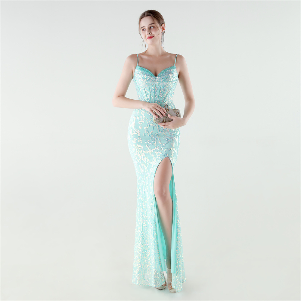 Set beads pinched waist sequins evening dress