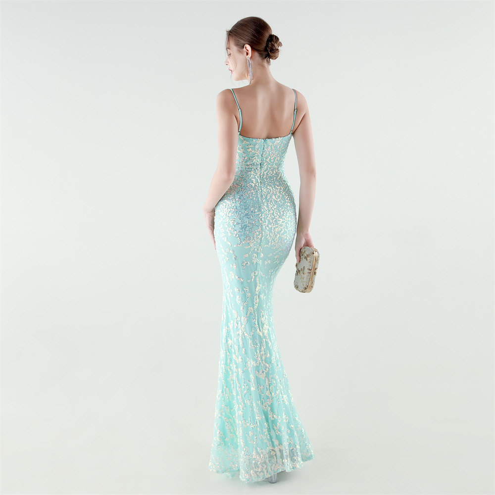 Set beads pinched waist sequins evening dress
