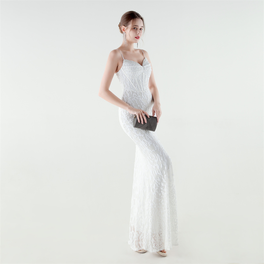 Set beads pinched waist sequins evening dress