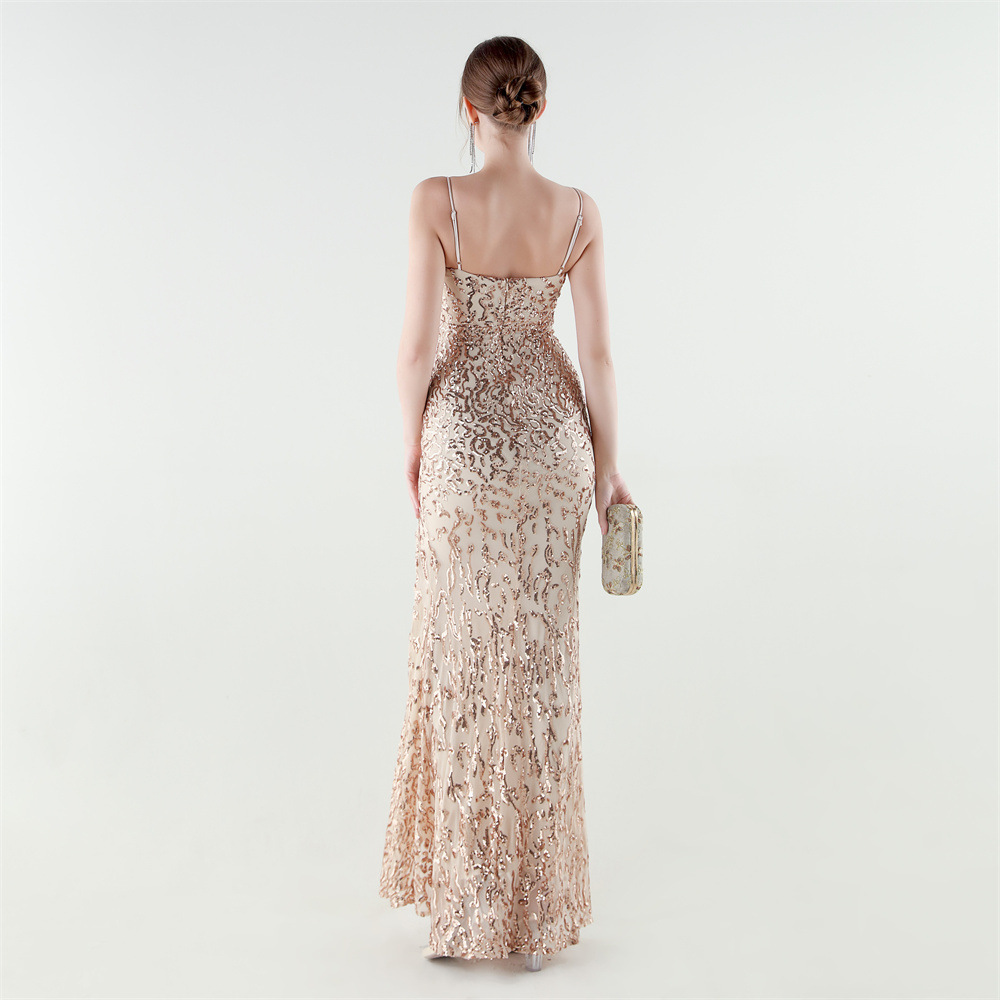 Set beads pinched waist sequins evening dress