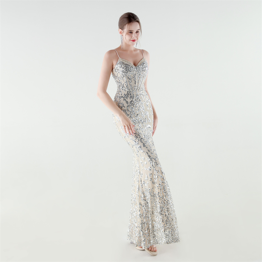 Set beads pinched waist sequins evening dress