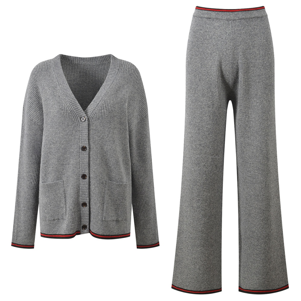 Fashion V-neck wide leg pants loose cardigan a set