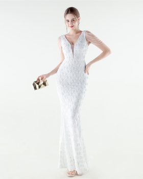 Set beads slim mermaid sequins V-neck evening dress