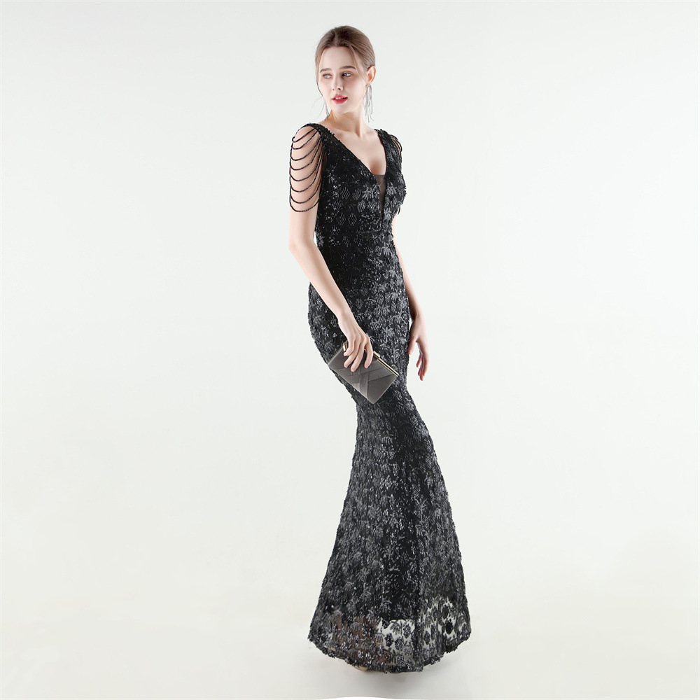 Set beads slim mermaid sequins V-neck evening dress