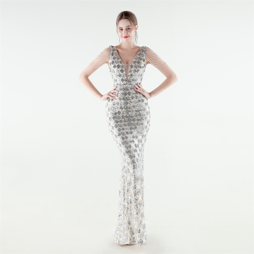 Set beads slim mermaid sequins V-neck evening dress