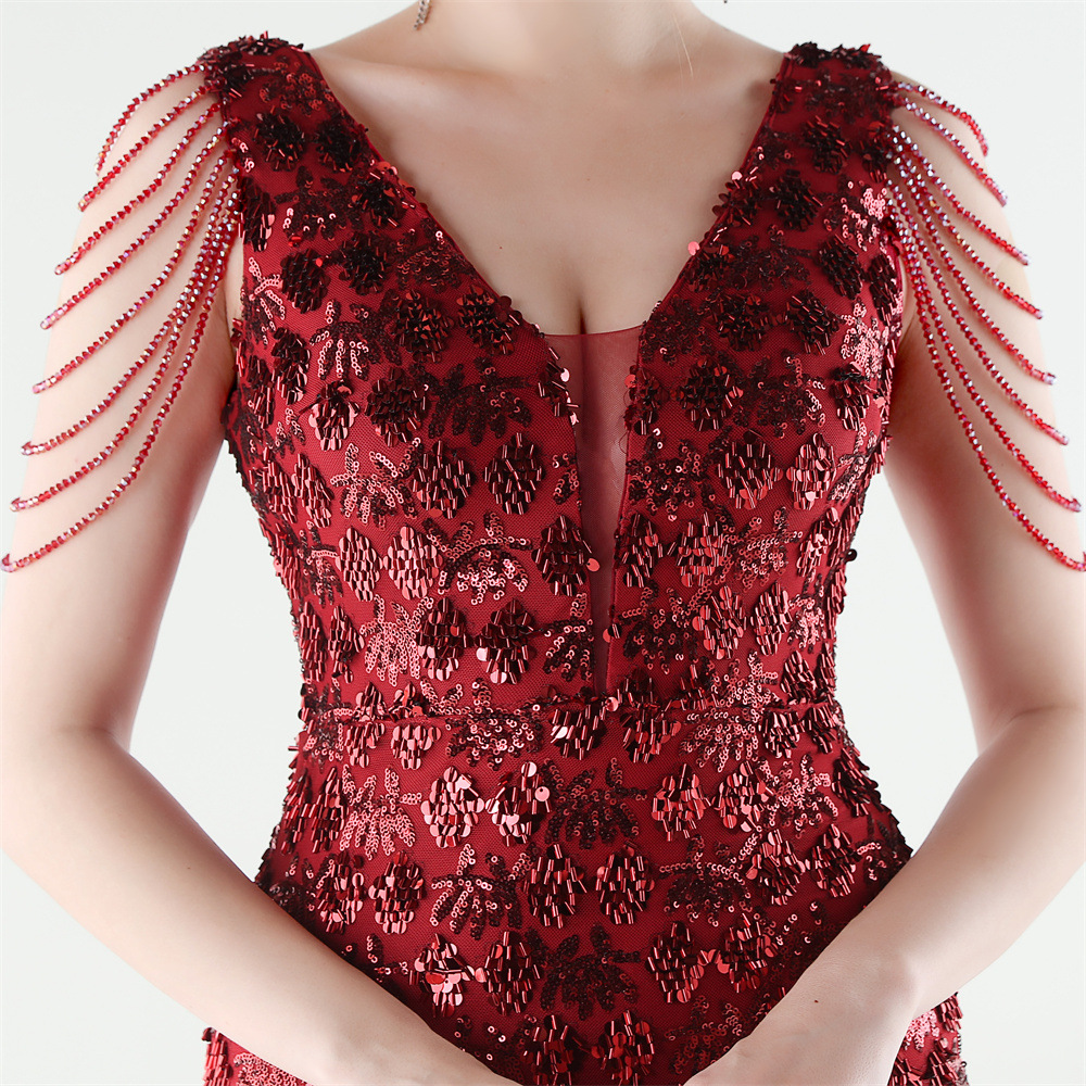 Set beads slim mermaid sequins V-neck evening dress
