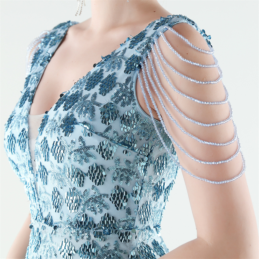 Set beads slim mermaid sequins V-neck evening dress