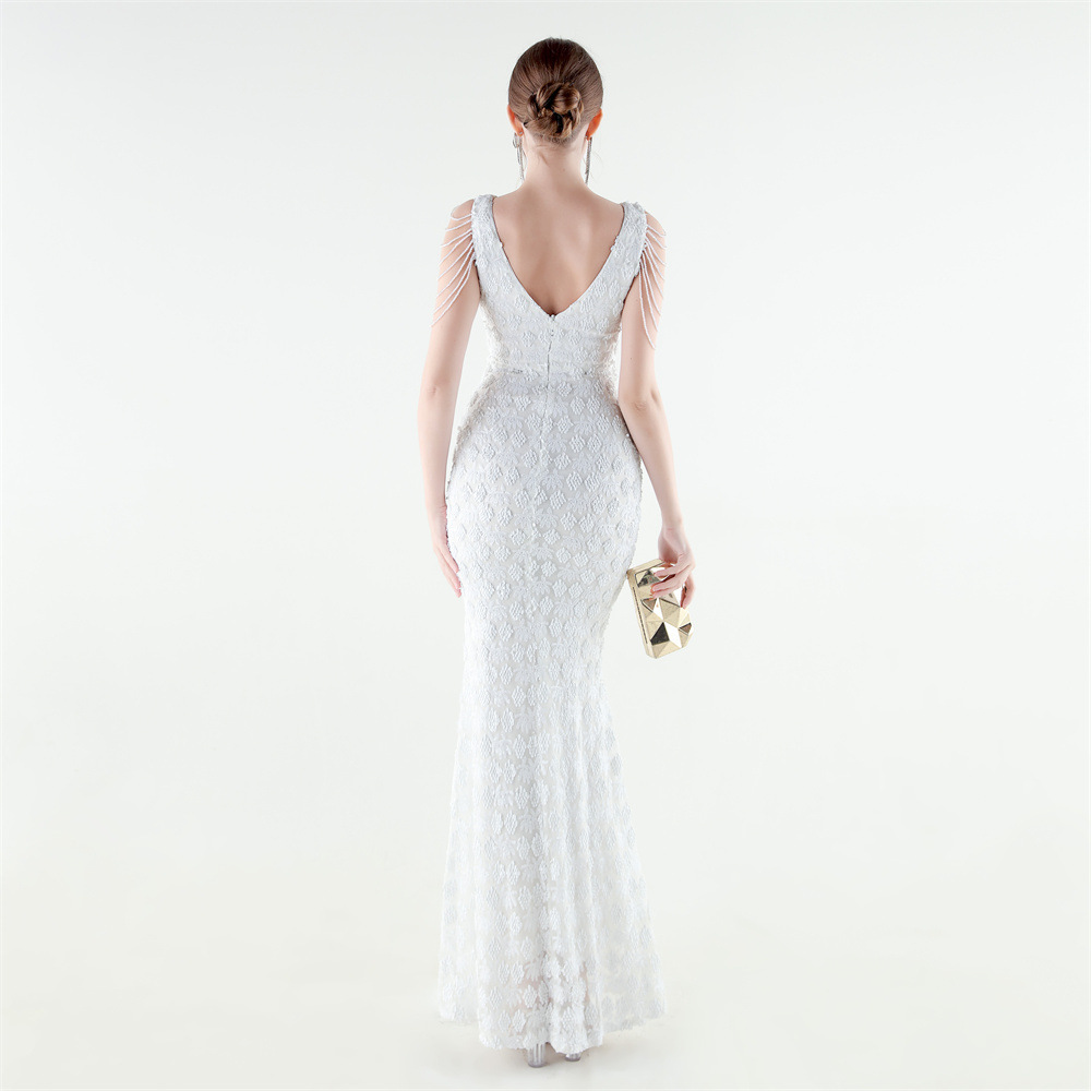 Set beads slim mermaid sequins V-neck evening dress