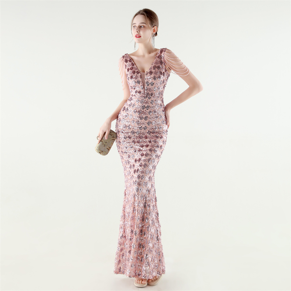 Set beads slim mermaid sequins V-neck evening dress