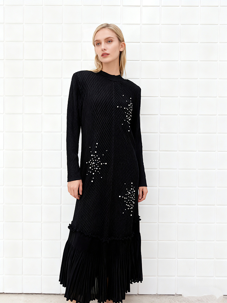 Lotus leaf edges loose beading fold dress