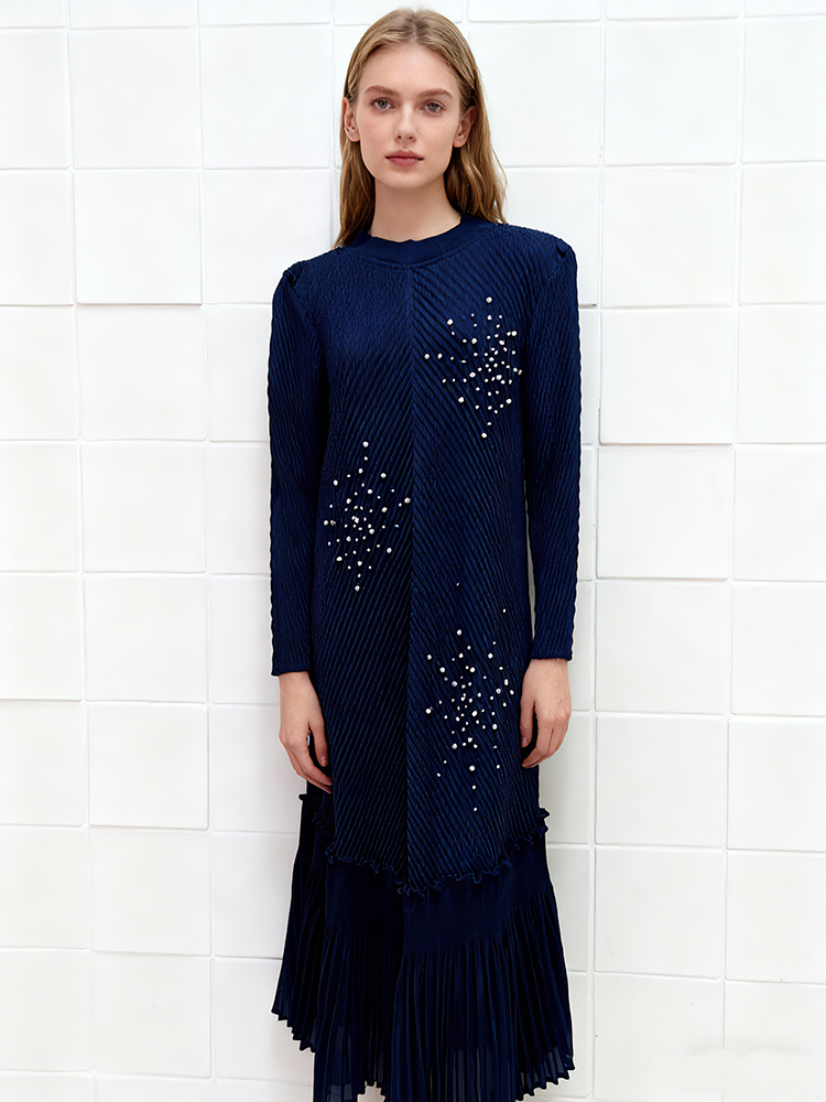 Lotus leaf edges loose beading fold dress