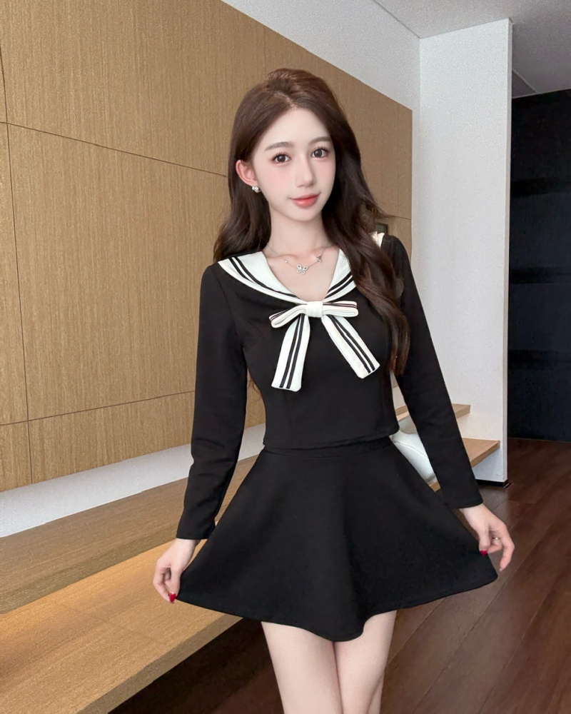 Low-cut sexy show young tops A-line sweet uniform 2pcs set