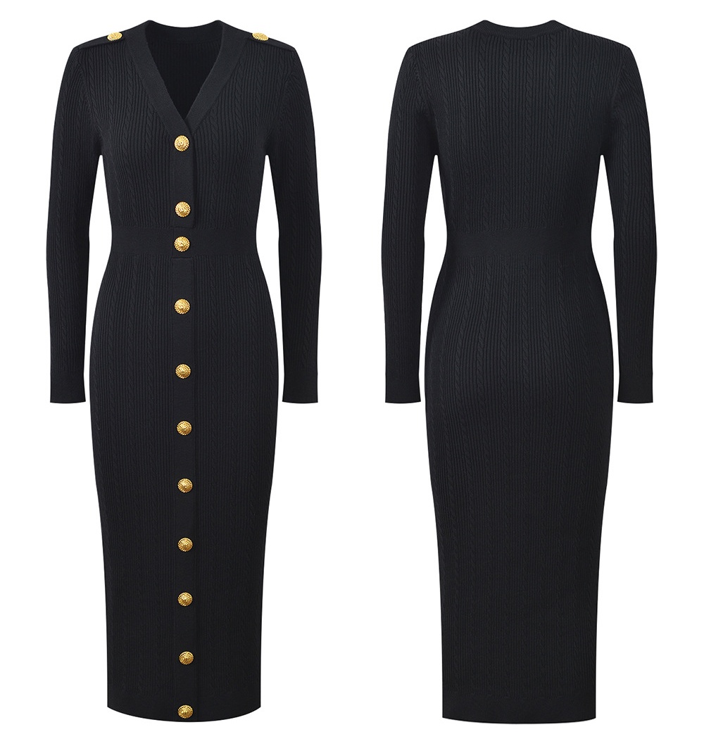 Autumn and winter metal buckles long knitted fashion slim dress