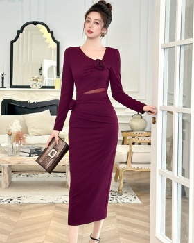 Pinched waist slim long dress package hip dress
