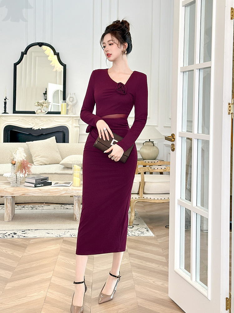 Pinched waist slim long dress package hip dress