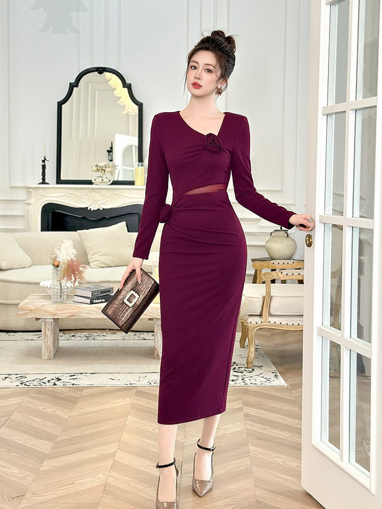 Pinched waist slim long dress package hip dress