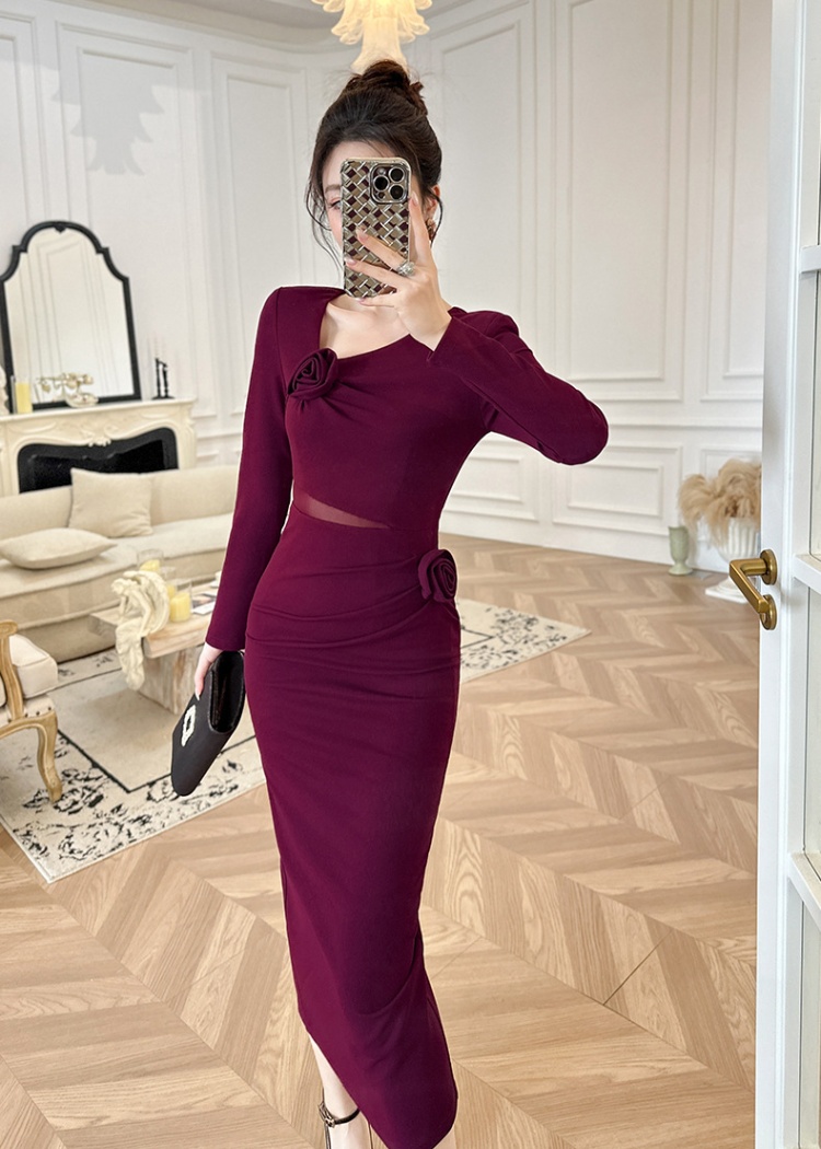 Pinched waist slim long dress package hip dress