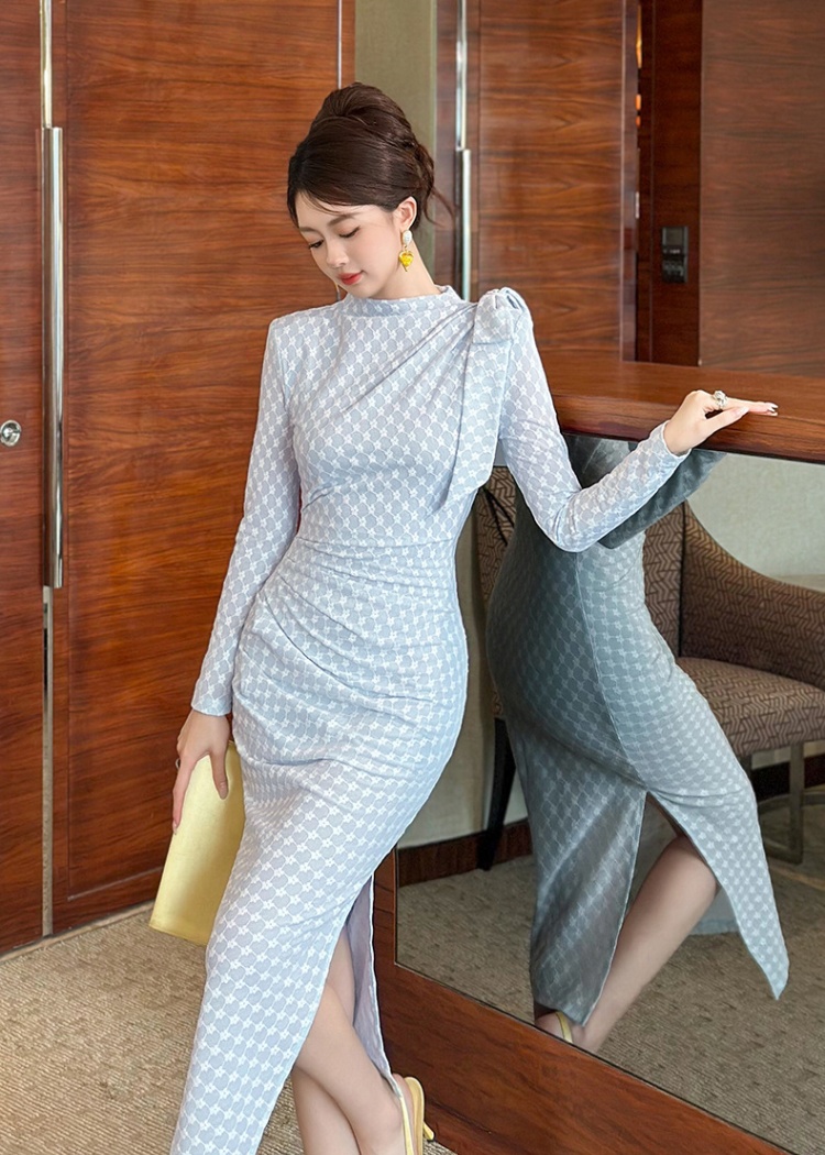 Plaid temperament ladies bow autumn and winter dress