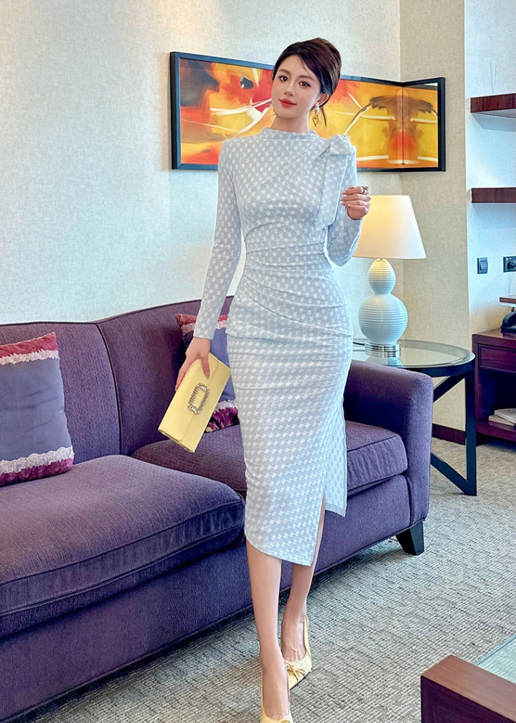 Plaid temperament ladies bow autumn and winter dress