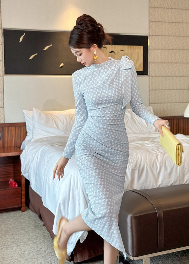 Plaid temperament ladies bow autumn and winter dress