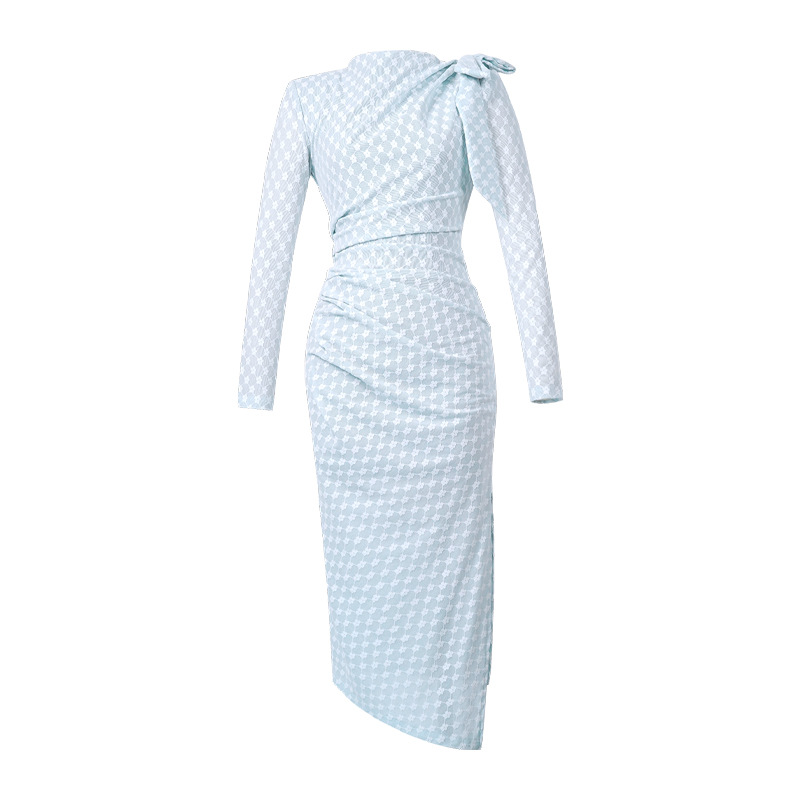 Plaid temperament ladies bow autumn and winter dress