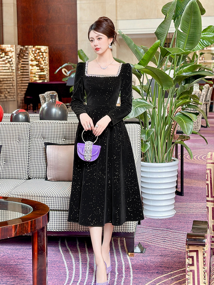 France style velvet big skirt dress for women