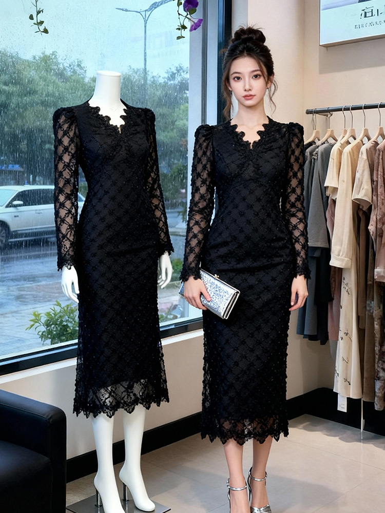 Autumn and winter slim dress package hip long dress