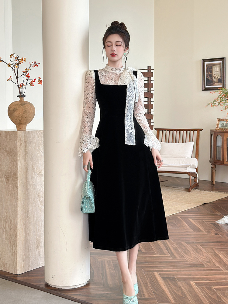 Strap ladies long dress velvet dress for women