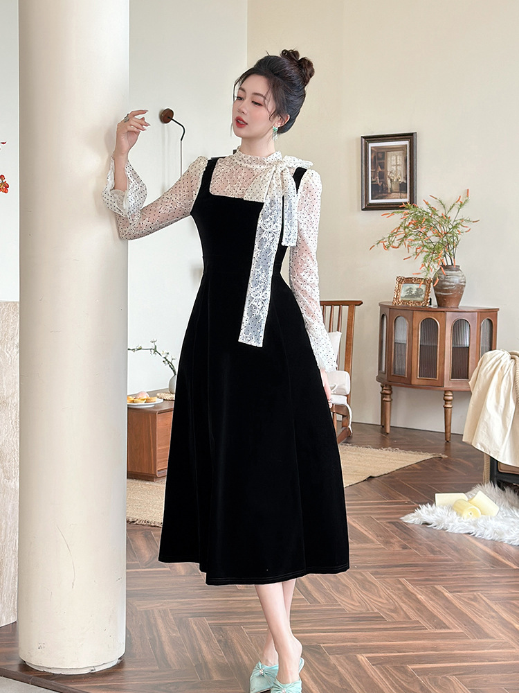 Strap ladies long dress velvet dress for women