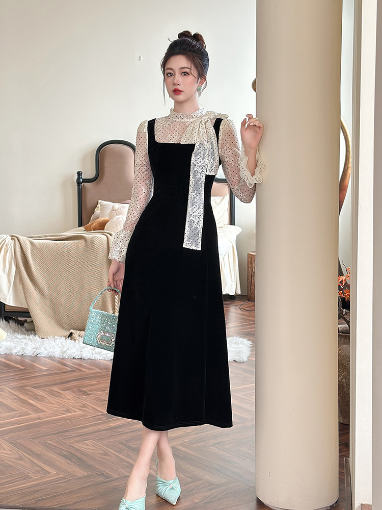 Strap ladies long dress velvet dress for women
