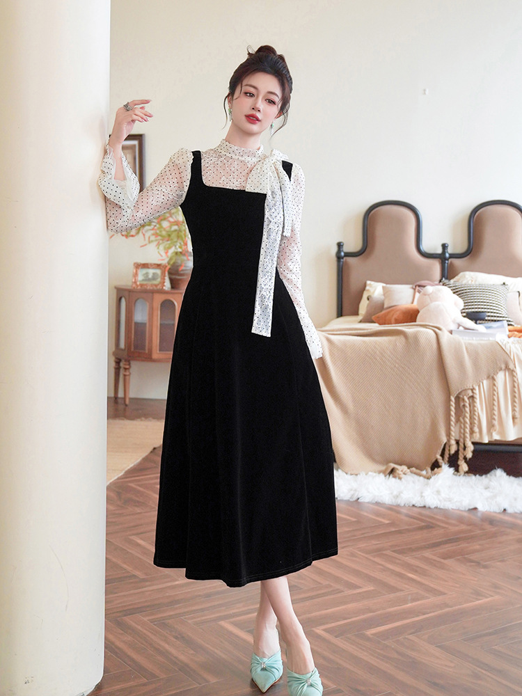 Strap ladies long dress velvet dress for women