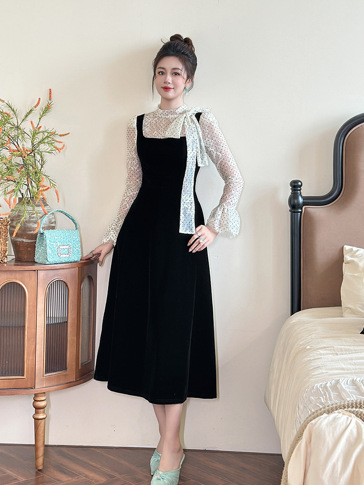 Strap ladies long dress velvet dress for women