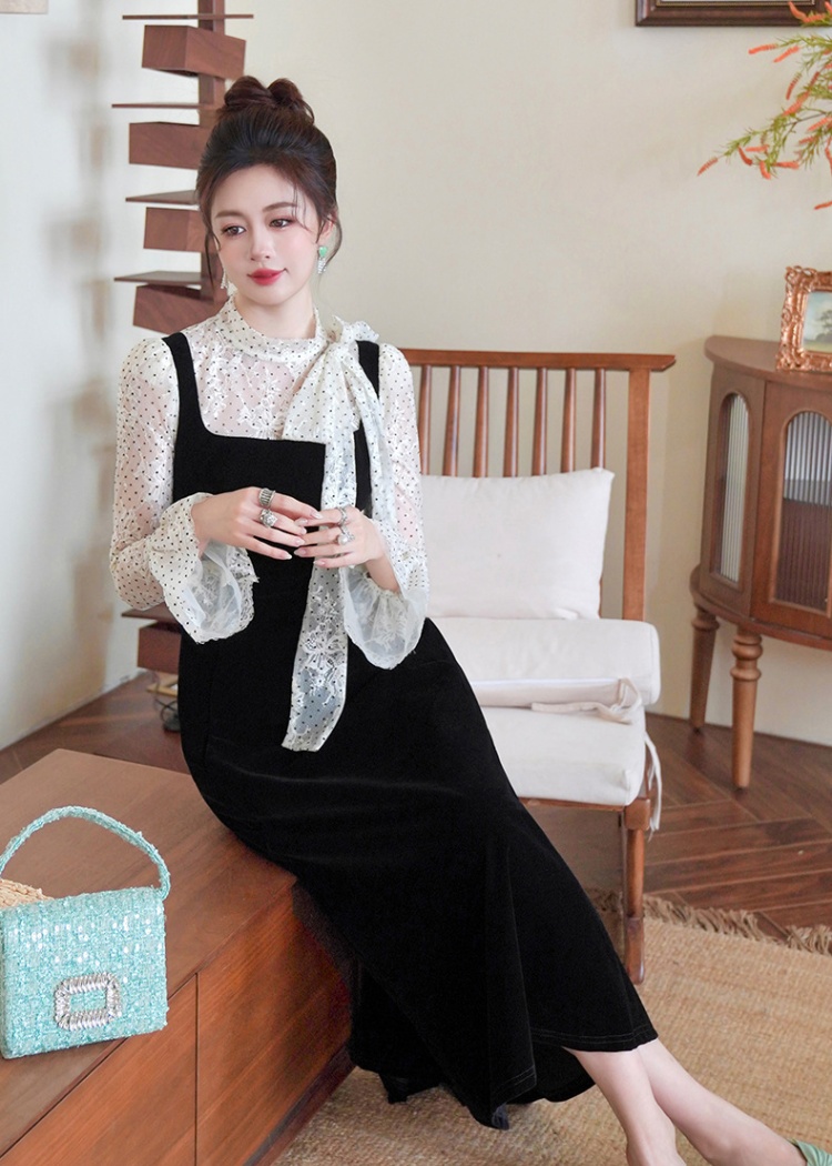 Strap ladies long dress velvet dress for women