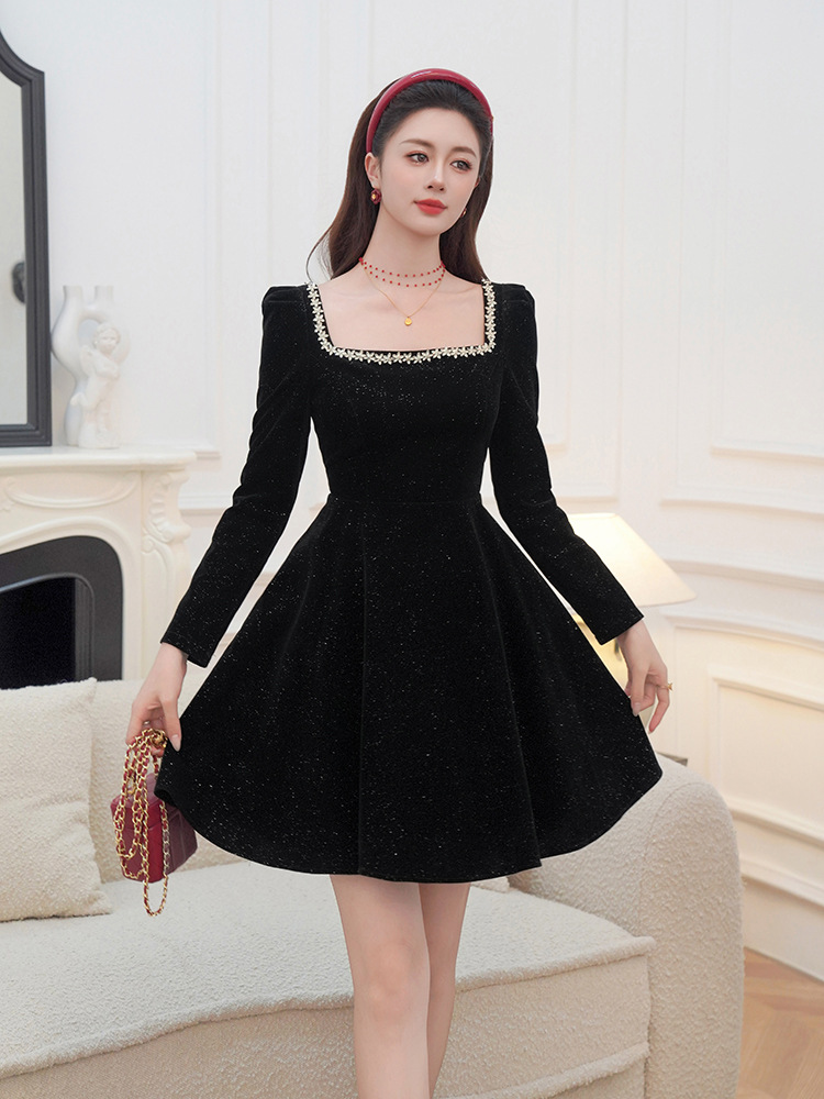 Velvet pinched waist slim autumn and winter dress