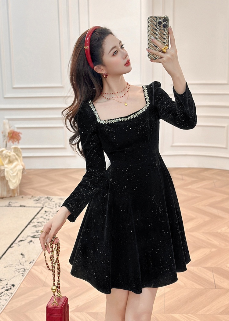 Velvet pinched waist slim autumn and winter dress