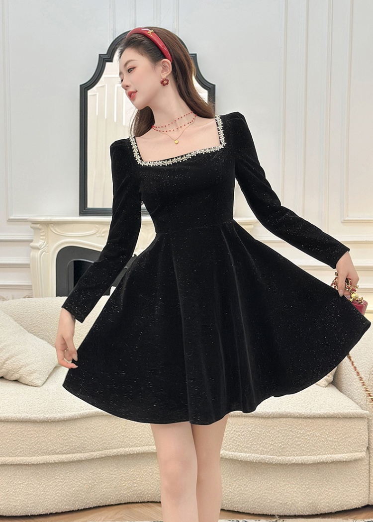 Velvet pinched waist slim autumn and winter dress