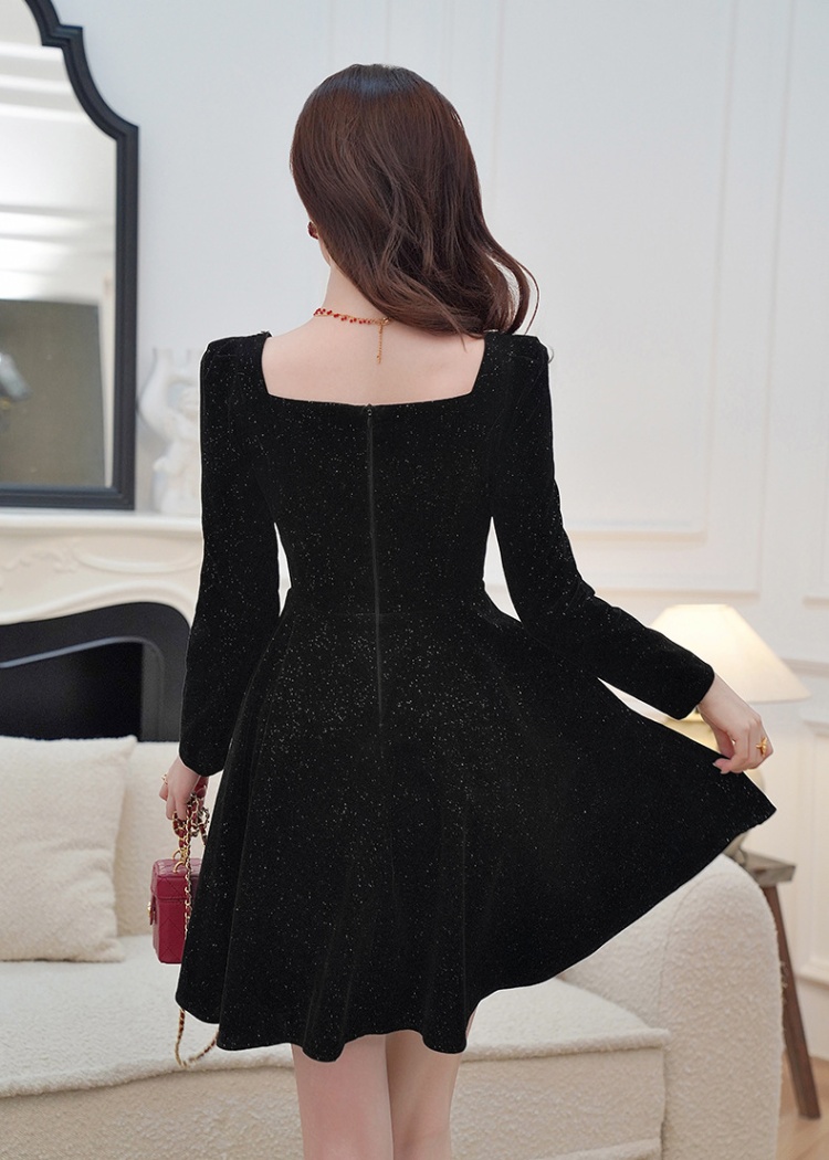 Velvet pinched waist slim autumn and winter dress