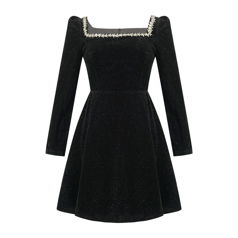 Velvet pinched waist slim autumn and winter dress