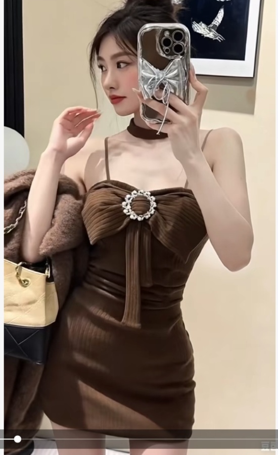 Sling fleece dress wrapped chest package hip T-back